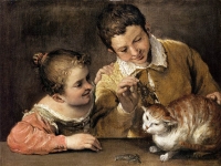 Anibale Karači - Dvoje dece zadirkuje mačku