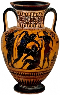 Grčka amfora sa prikazom rvača koji vara